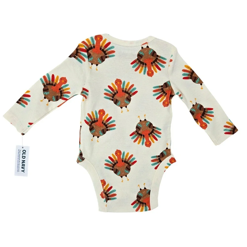 Old Navy‎ NWT 0-3M Turkey Print Long Sleeve Bodysuit Unisex Thanksgiving Fall